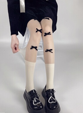 早秋15D+60D小腿拼接膝下连裤袜 甜美蝴蝶结JK学院风白色薄款丝袜