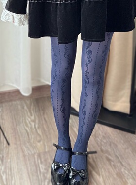 文艺藏蓝色天鹅绒提花丝袜60D甜美lolita洛丽塔花卉提花防勾丝袜