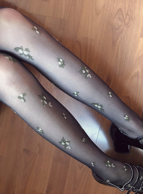 Vintage街拍古着花卉枝叶黑色丝袜 复古文艺薄款美腿织花连裤袜女