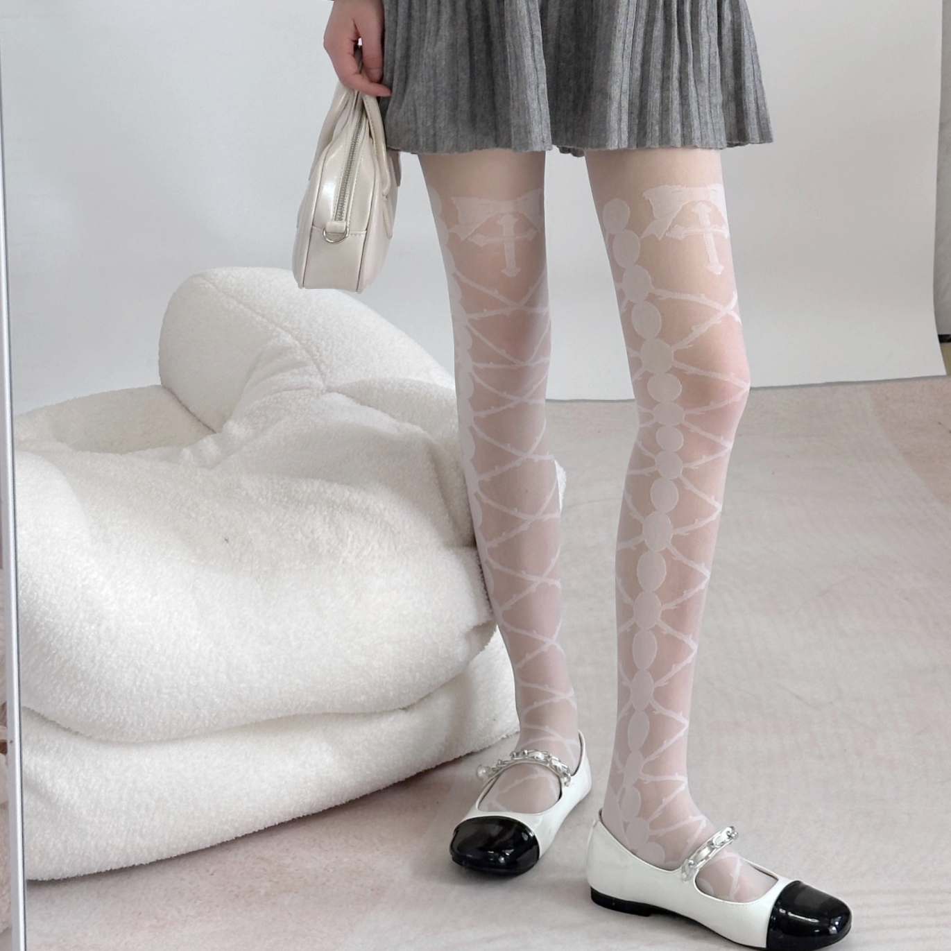 甜美lolita二次元蝴蝶结白丝袜公主风十字架绑带拼接提花连裤袜女