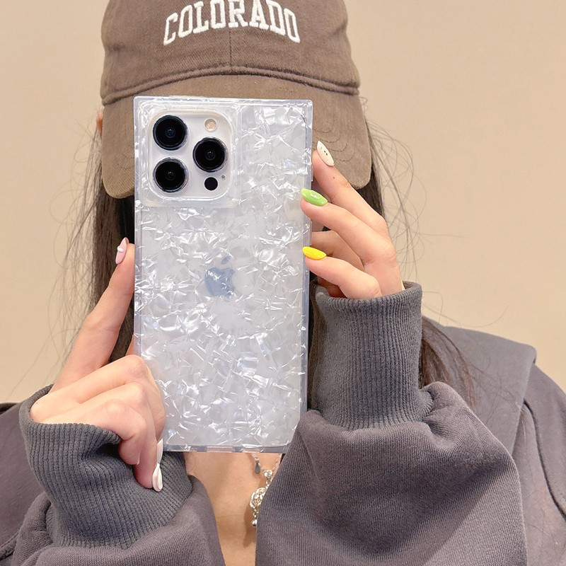 原创方形直角边贝壳纹粉色适用苹果15promax手机壳大孔iPhone16pro奢华14小众女13新款17pro硅胶15防摔潮流男