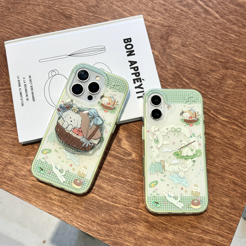 ins风可爱卡通绿格纹小狗磁吸支架适用苹果iPhone16promax手机壳新款15/14全包保护套13防摔高级感小众不撞款