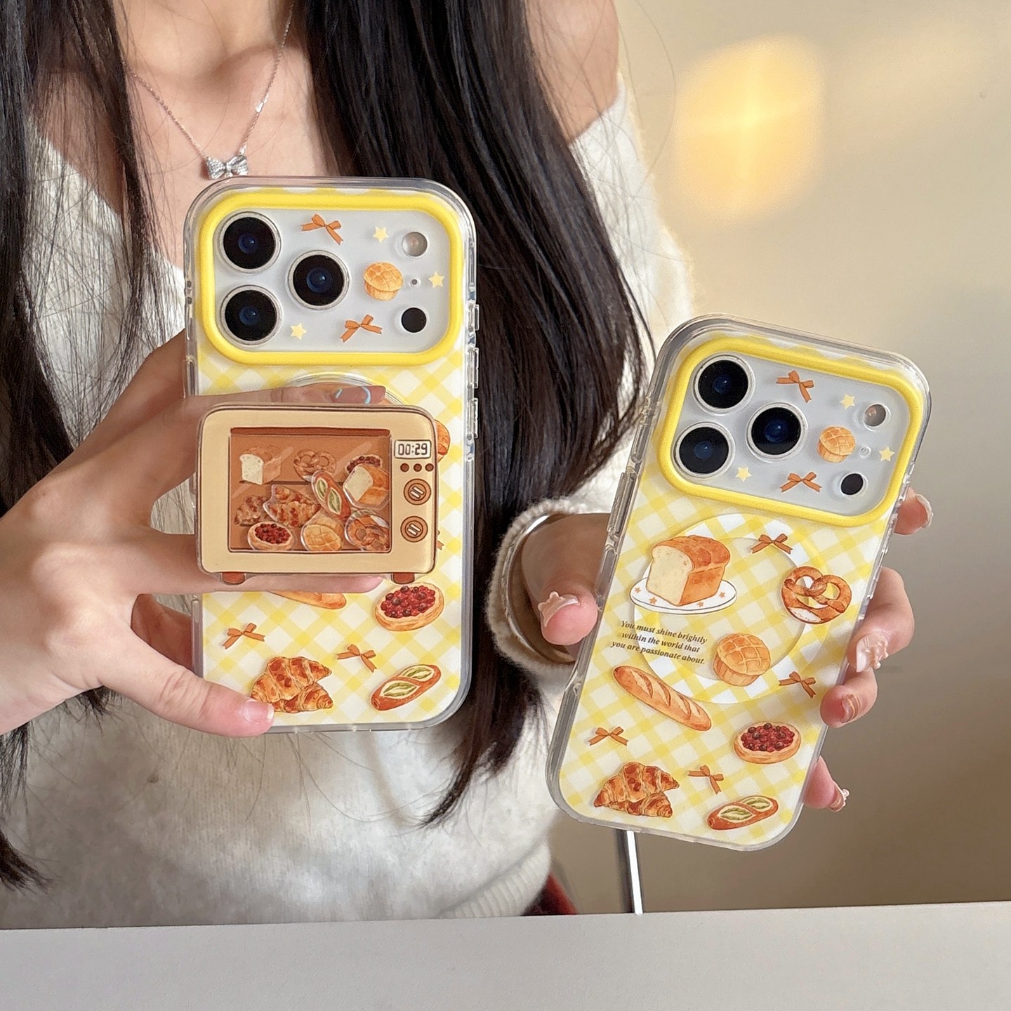 烘焙面包元素黄色格纹烤面包适用苹果iPhone17promax卡通面包图案透明保护壳多巴胺风16/15/14手机壳磁吸支架