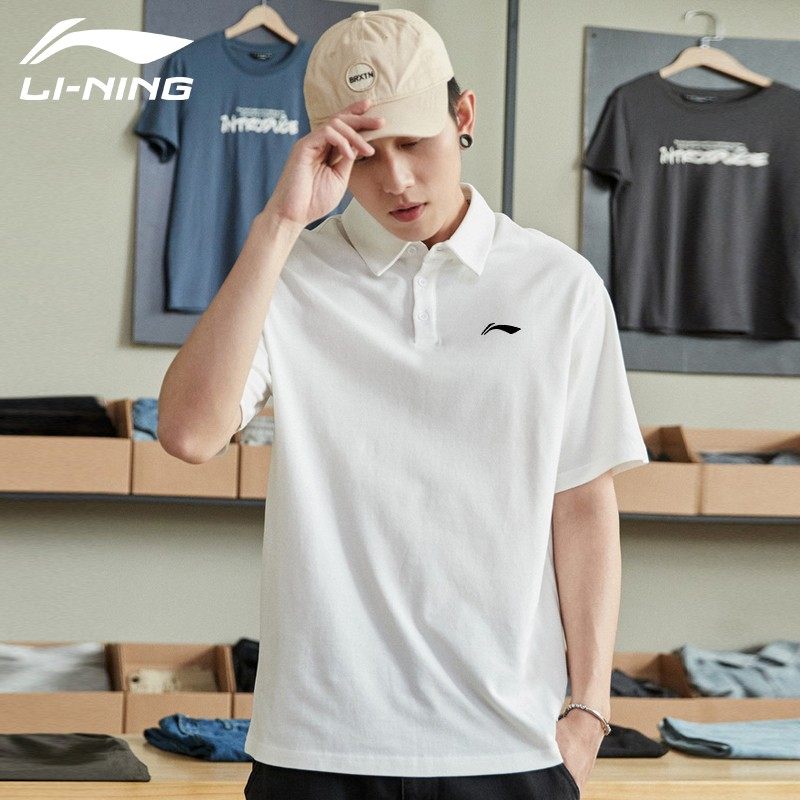 李宁2022春季新款短袖纯棉透气宽松百搭翻领大码宽松上衣APLS141#