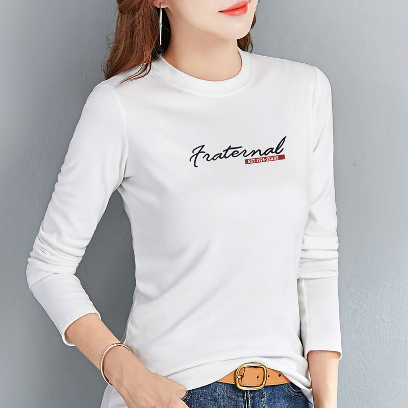 白色德绒打底衫女春秋百搭上衣薄款圆领内搭紧身磨毛长袖t恤小衫