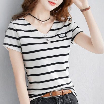 黑白条纹短袖t恤女潮2026新款夏装韩版修身显瘦纯棉百搭V领上衣服