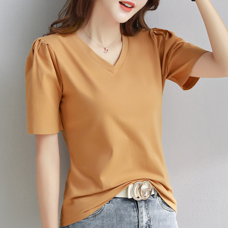 白色短袖t恤女v领半袖纯棉体恤修身泡泡袖修身中袖锁骨上衣夏季潮