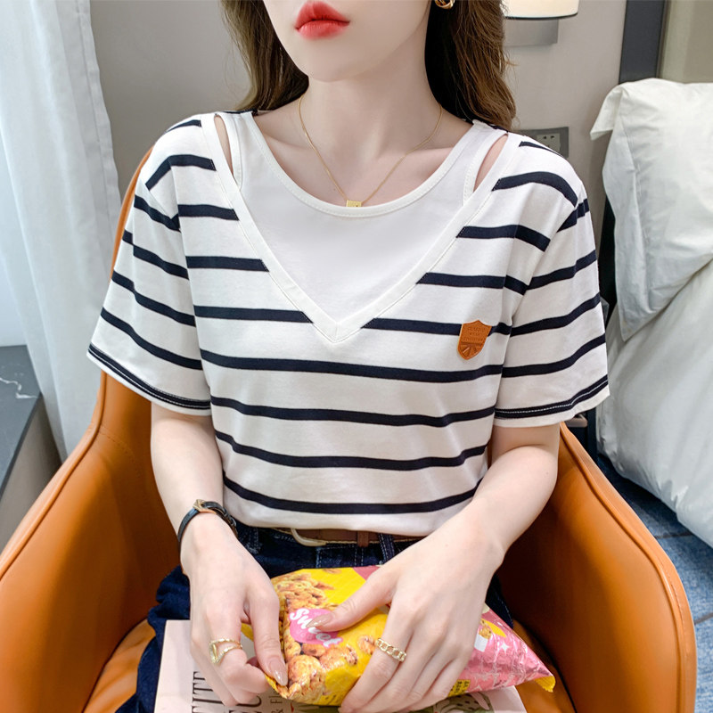 黑白条纹t恤女短袖夏季2023年新款内搭纯棉上衣宽松圆领半袖体恤