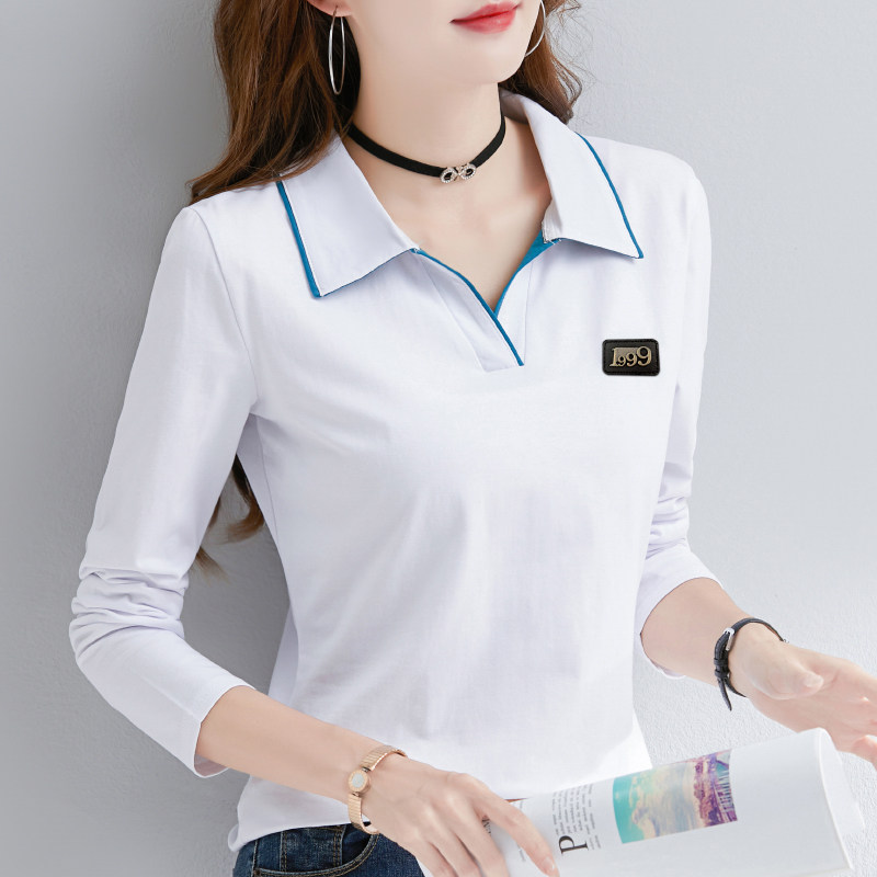 白色长袖t恤女纯棉春秋设计感小众POLO领内搭气质打底衫紧身上衣