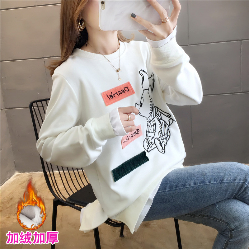 假两件t恤女长袖加绒内搭打底衫秋冬装韩版学生宽松刺绣洋气上衣