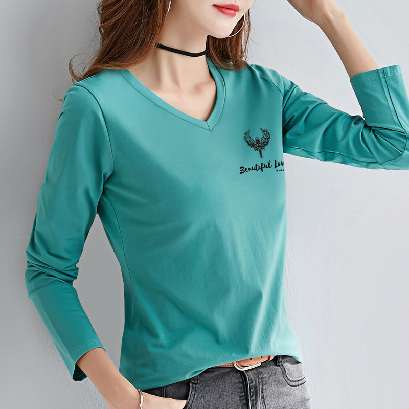 V领长袖T恤女2021新款韩版性感露锁骨纯棉上衣收身显瘦打底衫上衣