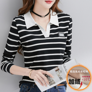黑白条纹打底衫女内搭加绒加厚长袖t恤纯棉POLO领秋衣春秋冬上衣