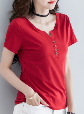 修身V领短袖t恤女夏装2020新款纯棉红色半袖纯色韩版紧身上衣服潮