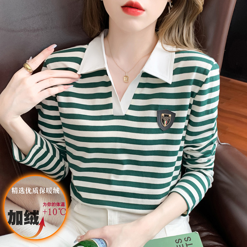 加绒纯棉长袖t恤女条纹内搭打底衫POLO领加厚保暖拼色春秋冬上衣