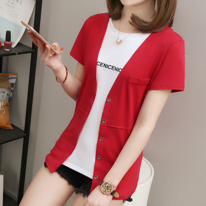 2021夏装新款韩版假两件短袖t恤女潮流百搭半袖洋气纯棉气质上衣