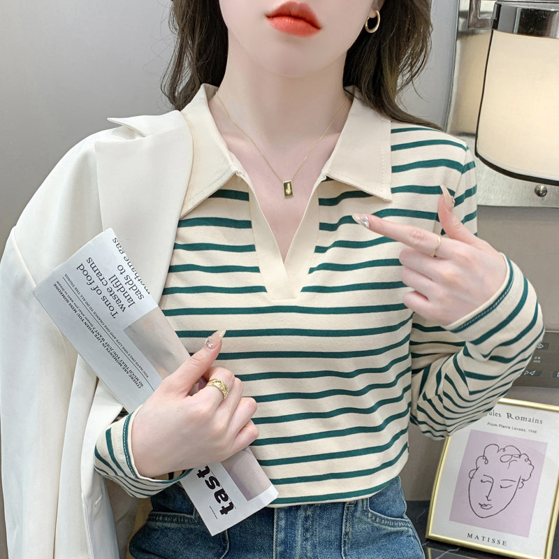 纯棉长袖t恤女修身显瘦内搭POLO领打底衫女春秋条纹小衫上衣