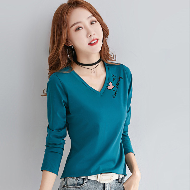 纯棉V领长袖t恤女2024春季新款韩版宽松大码女装内搭打底衫上衣