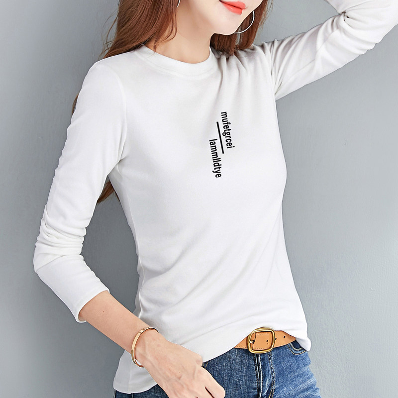 白色德绒打底衫女春秋百搭上衣薄款圆领内搭紧身磨毛长袖t恤小衫