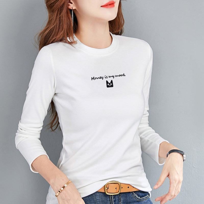 白色德绒打底衫女春秋百搭上衣薄款圆领内搭紧身磨毛长袖t恤小衫