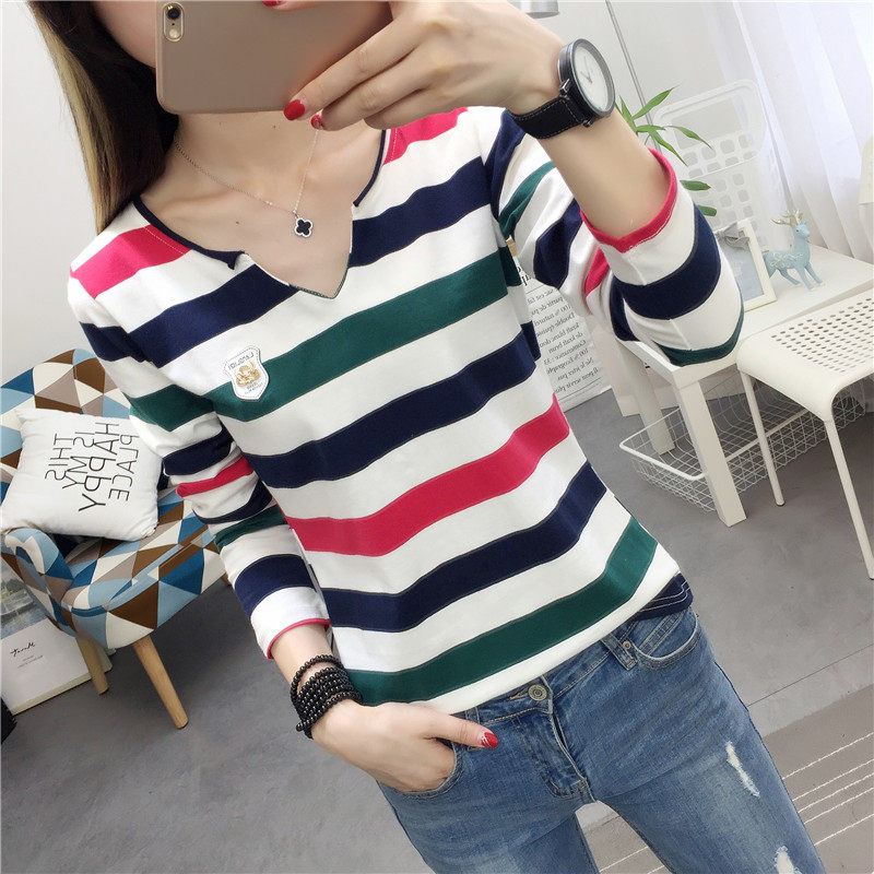 2021春装新款打底衫纯棉条纹长袖T恤女士V领修身显瘦上衣秋衣外穿