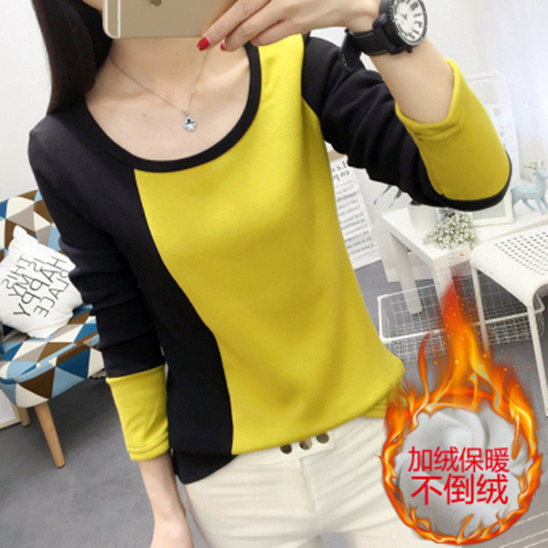 2022秋冬装新款韩范淑女拼接撞色短款修身加厚加绒长袖t恤打底衫