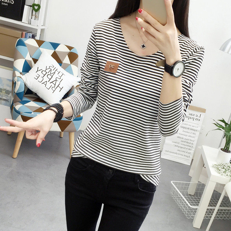 打底衫女长袖春季新款韩版宽松显瘦V领学生黑白条纹百搭t恤上衣服