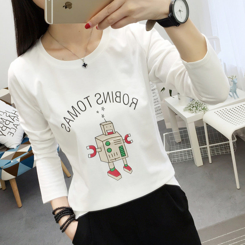 2019新款机器人印花长袖T恤女修身显瘦学生装圆领韩版上衣服棉质