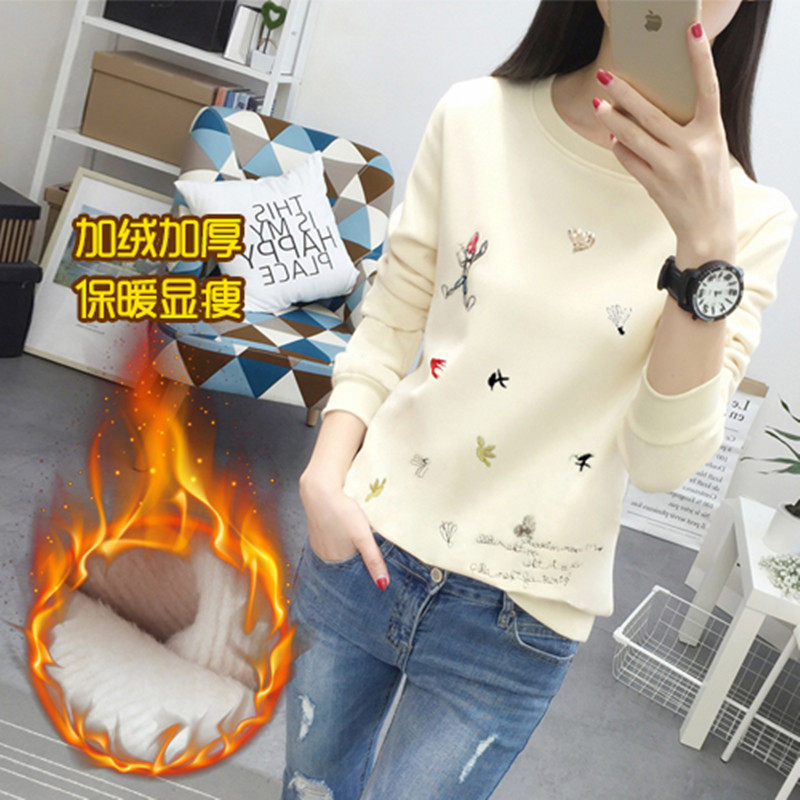秋冬新款女装加绒加厚学生长袖t恤女宽松保暖上衣女百搭打底衫潮