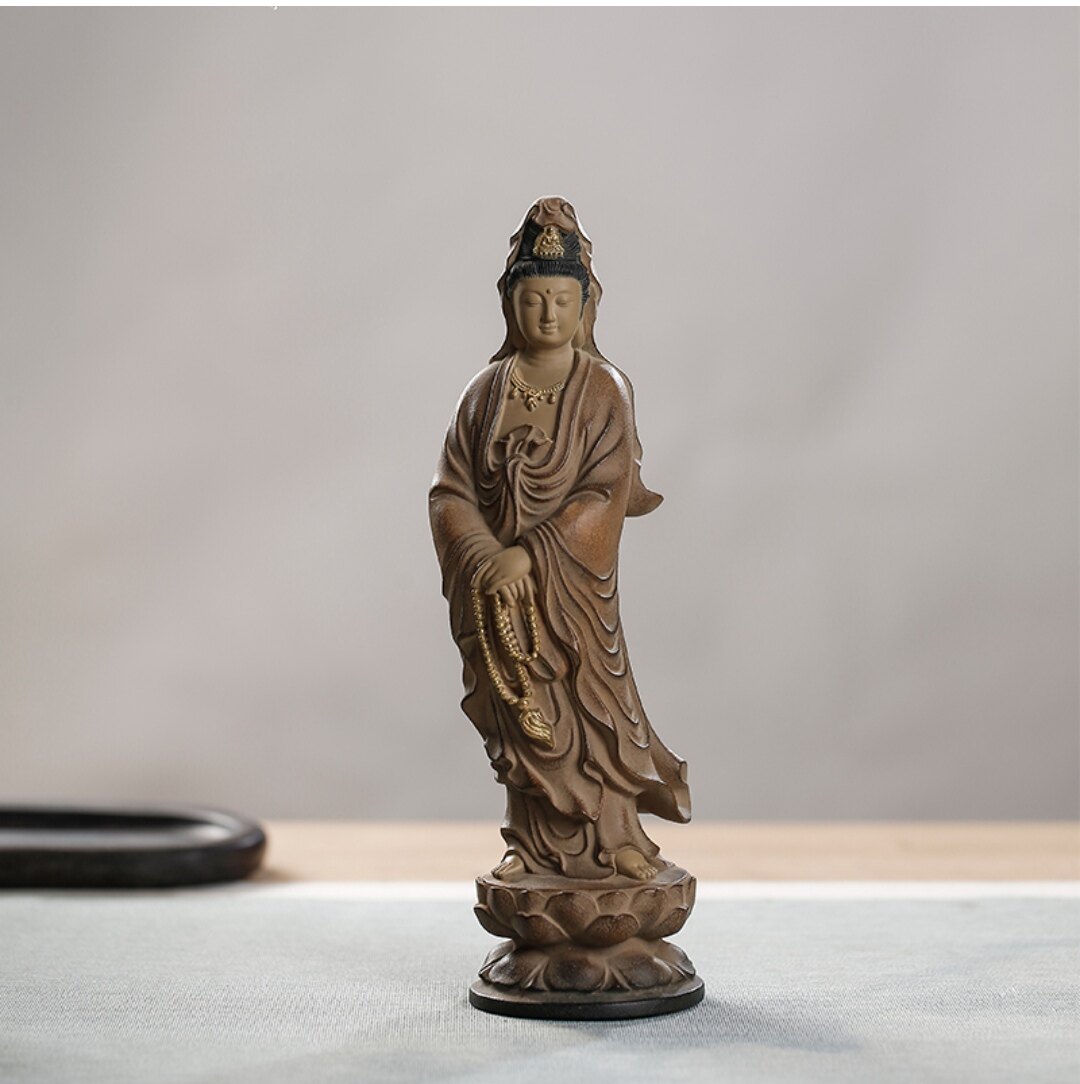 真正台湾工艺 铁丸精石摆件立莲念珠观音家居装饰 茶馆禅居 中式