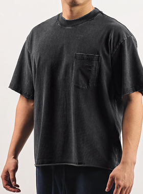 美式口袋短袖男士做旧运动宽松落肩oversizeT恤重磅纯棉休闲半袖