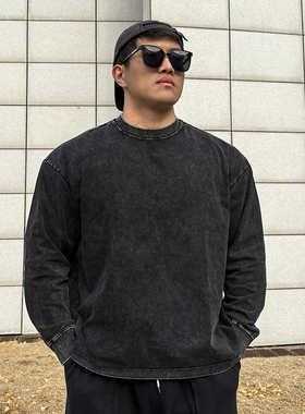 美式做旧长袖男宽松卫衣纯色打底水洗套头衫重磅纯棉圆领休闲T恤