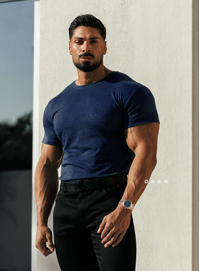 ORGN圆领短袖男收袖口运动健身衣正肩莱赛尔简约通勤休闲基础t恤