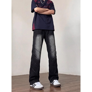 男款 高街显瘦微喇长裤 春季 子美式 ins 痞帅设计感裤 黑色褶皱牛仔裤