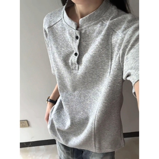 情侣t恤cleanfit亨利领半截袖 男女夏季 硬挺美式 黑色正肩重磅短袖