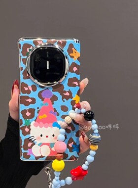 创意甜酷蓝色豹纹尖帽kt猫适用华为MateX6典藏版手机壳华为MateX5小众可爱华为MateX3/X6折叠屏带手绳保护套