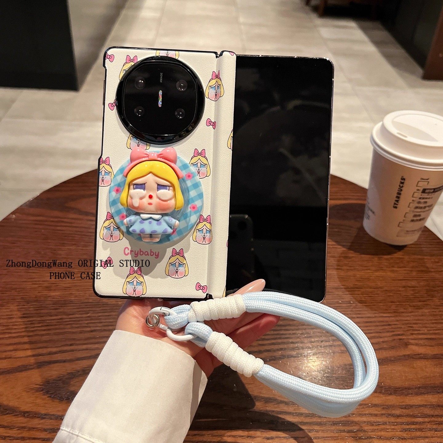 可爱卡通哭娃可拆卸磁吸支架适用于华为MateX6手机壳带挂绳后壳Mate新款X6中轴保护X5典藏版X3保护套皮质外壳