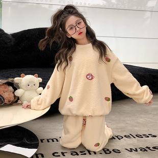 韩版2025法兰绒儿童秋冬款长袖长裤男女童套装可爱卡通保暖家居服