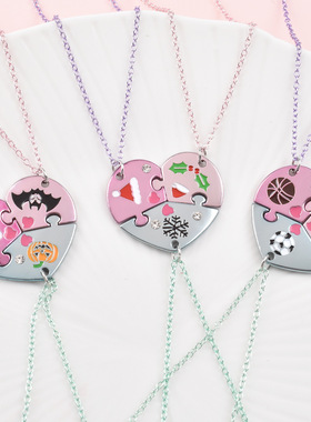 彩色爱心拼接三人款项链儿童闺蜜四人镶钻吊坠好朋友友谊生日礼物