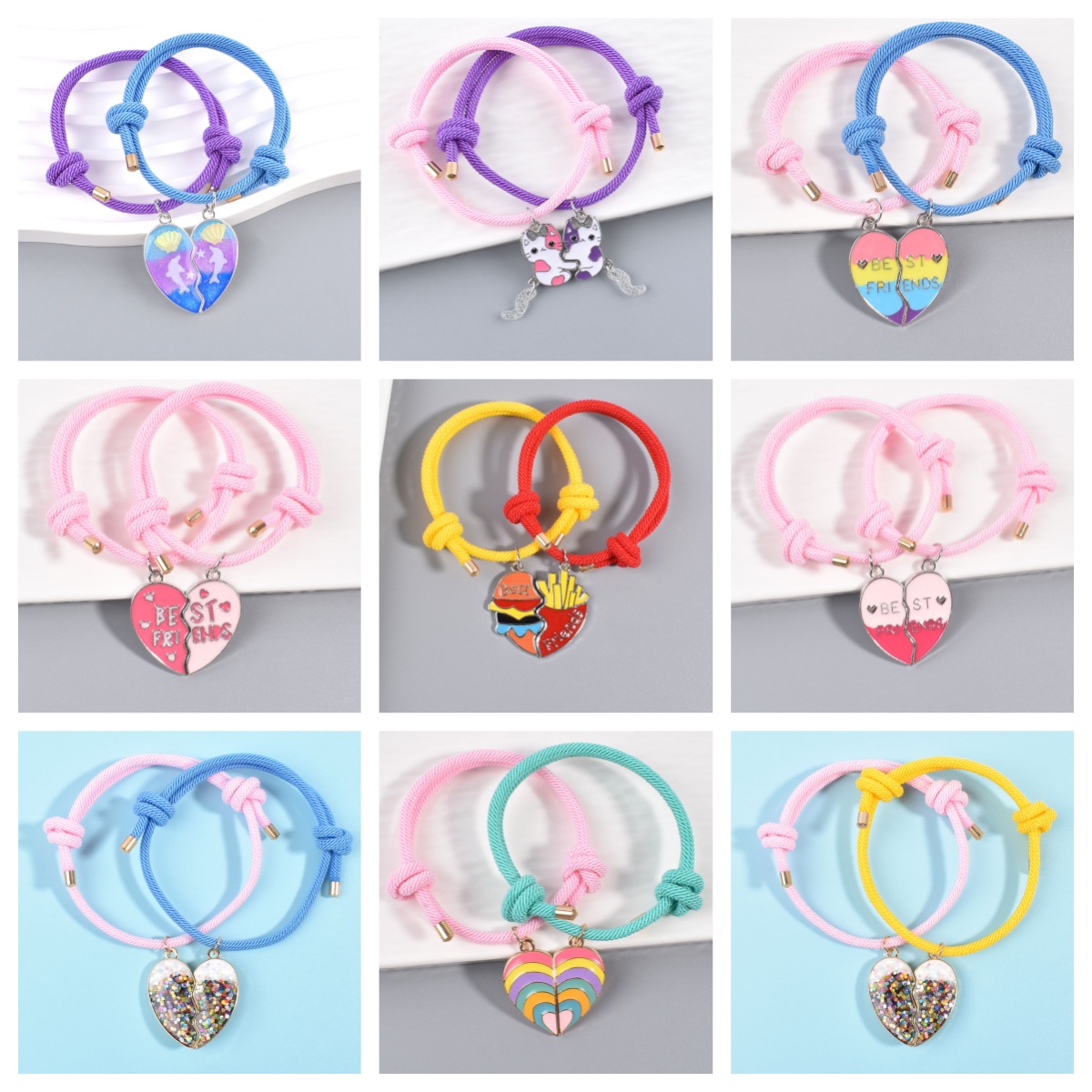 二人卡通爱心猫咪海豚儿童手链一人一半闺蜜手绳生日礼物磁吸吊坠