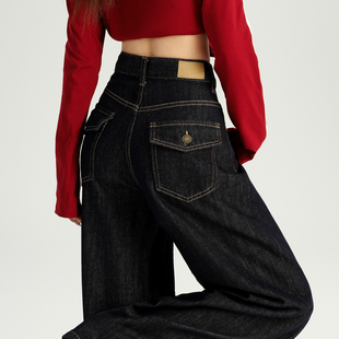 深蓝色版型好看的牛仔裤女秋季新款高腰直筒拖地阔腿裤宽松慵懒风