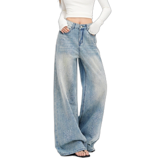 浅蓝色高腰宽松烟花满钻牛仔裤女春夏设计感满天星烫钻直筒阔腿裤