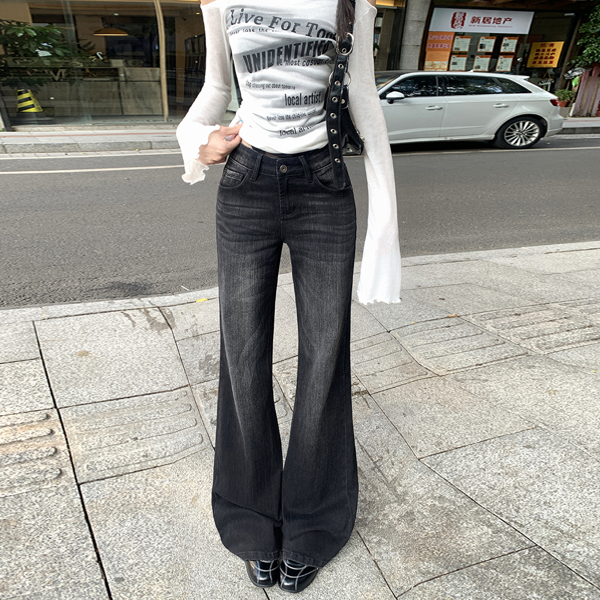 高品质美式黑色弹力修身微喇牛仔裤女辣妹显瘦版型好看的喇叭裤子