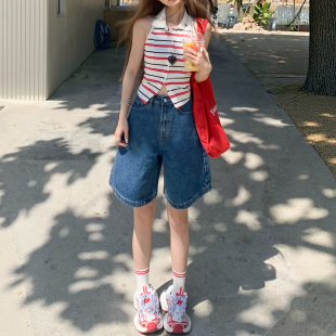 蓝色高腰直筒牛仔短裤女夏2026新款小个子大码中裤阔腿四分五分裤