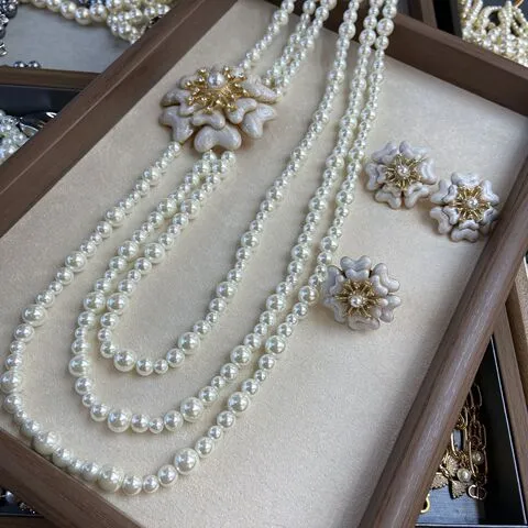 耳环项链锁骨链优雅镶钻法式珍珠戒指滴油仙气花朵白色山茶花