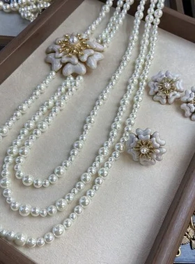 耳环项链锁骨链优雅镶钻法式珍珠戒指滴油仙气花朵白色山茶花