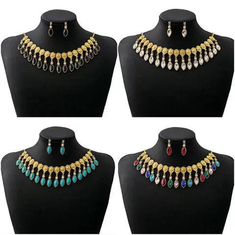 女时尚套装配饰镶钻项链水滴耳环欧美礼服几何晚宴首饰复古珍珠