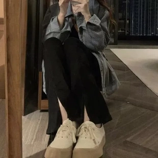 设计感开叉新款 高腰黑色2024年显瘦微喇修身 女 牛仔裤 百搭微喇叭裤