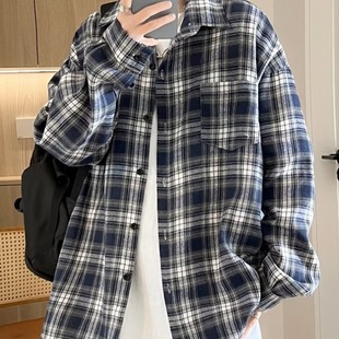 潮流百搭青少年休闲宽松工装 日系格子衬衫 新款 秋季 衬衣外套 男长袖