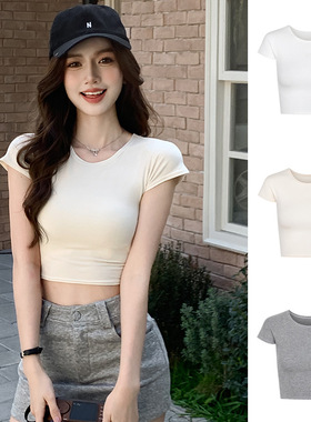 H582修身露脐上衣设计简约夏季短袖感休闲百搭短款t恤女新款辣妹