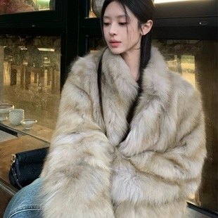 环保狐狸毛高级晕染双色毛绒绒大衣 加厚时尚 仿皮草外套女冬季 短款